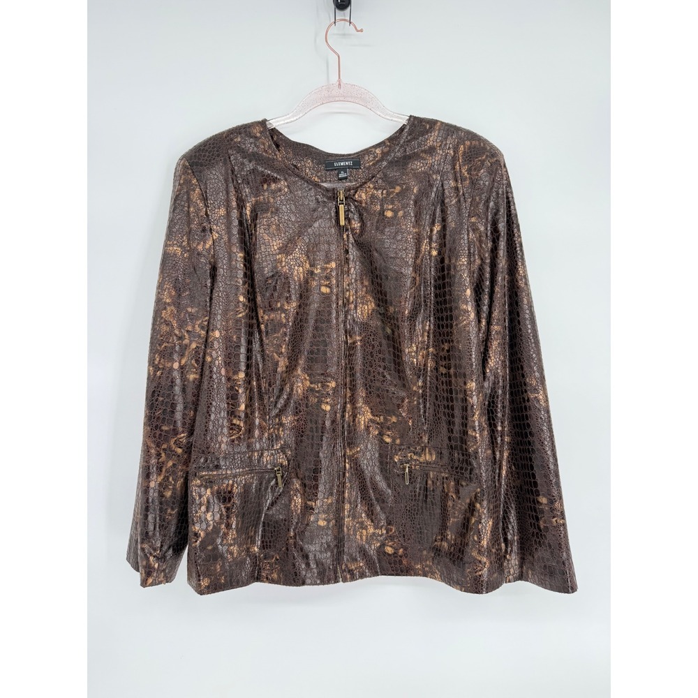 ELEMENTZ Womens Sz XL Brown Snake Print Zip Jacket Soft Faux Leather Lightweight